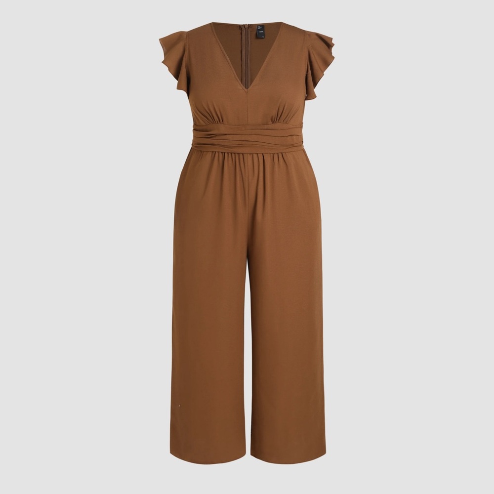 WOVEN RUFFLE HEM RUCHED V-NECK JUMPSUIT CURVE & PLUS